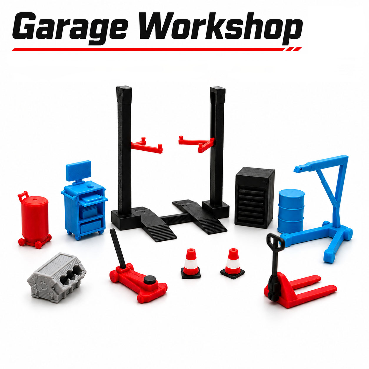 Workshop Tools Toy - 1:64 ガレージワークショップミニチュアアクセサリーセット、カーリフトツール、モデルカー用修理店ジオラマディスプレイ装飾