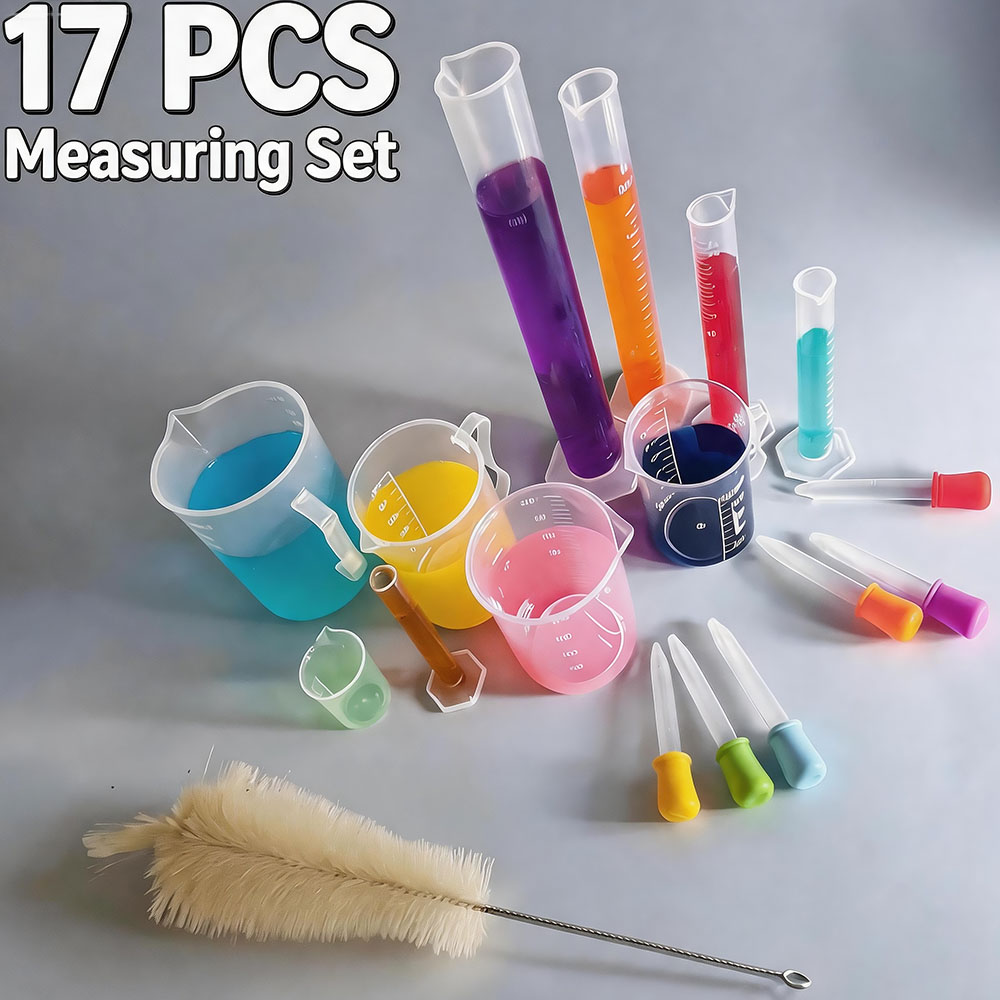 Tools Youtube - 17点セットのプラスチック製計量カップとドロッパーセット、目盛り付き透明プラスチックビーカー、試験管洗浄ブラシ、実験用液体計量ツール、手作りベーキング用エッセンシャルオイル混合化学実験用計量容器