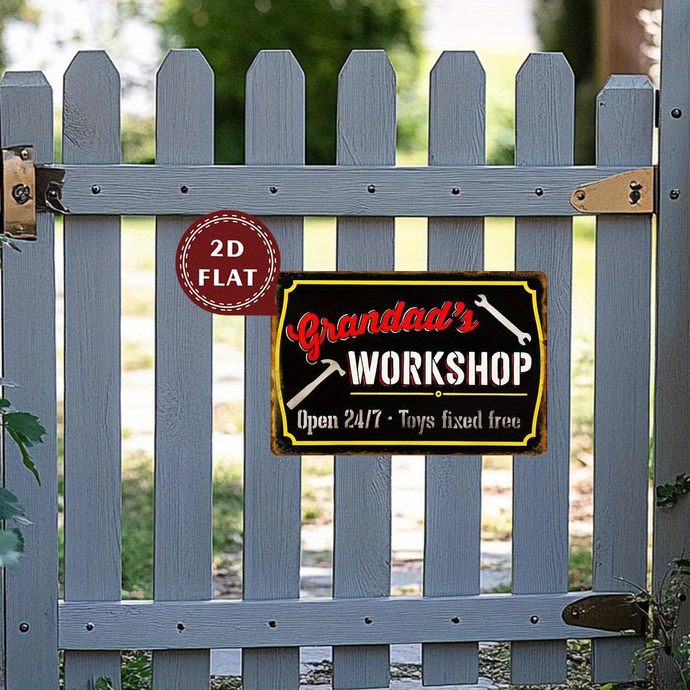 Workshop Tools Toy - ヴィンテージメタルウォールサイン - おじいちゃんの作業場の装飾、交差した工具が描かれた「24時間365日おもちゃは固定されて無料」アートワーク、防水、防塵の鉄製